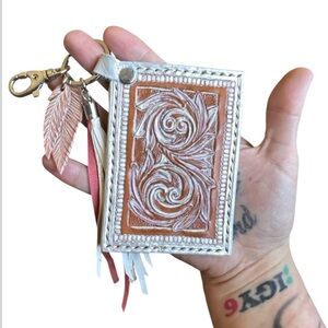 Artisan Handmade Western Southwest Leather Card Holder Floral Fringe Wallet